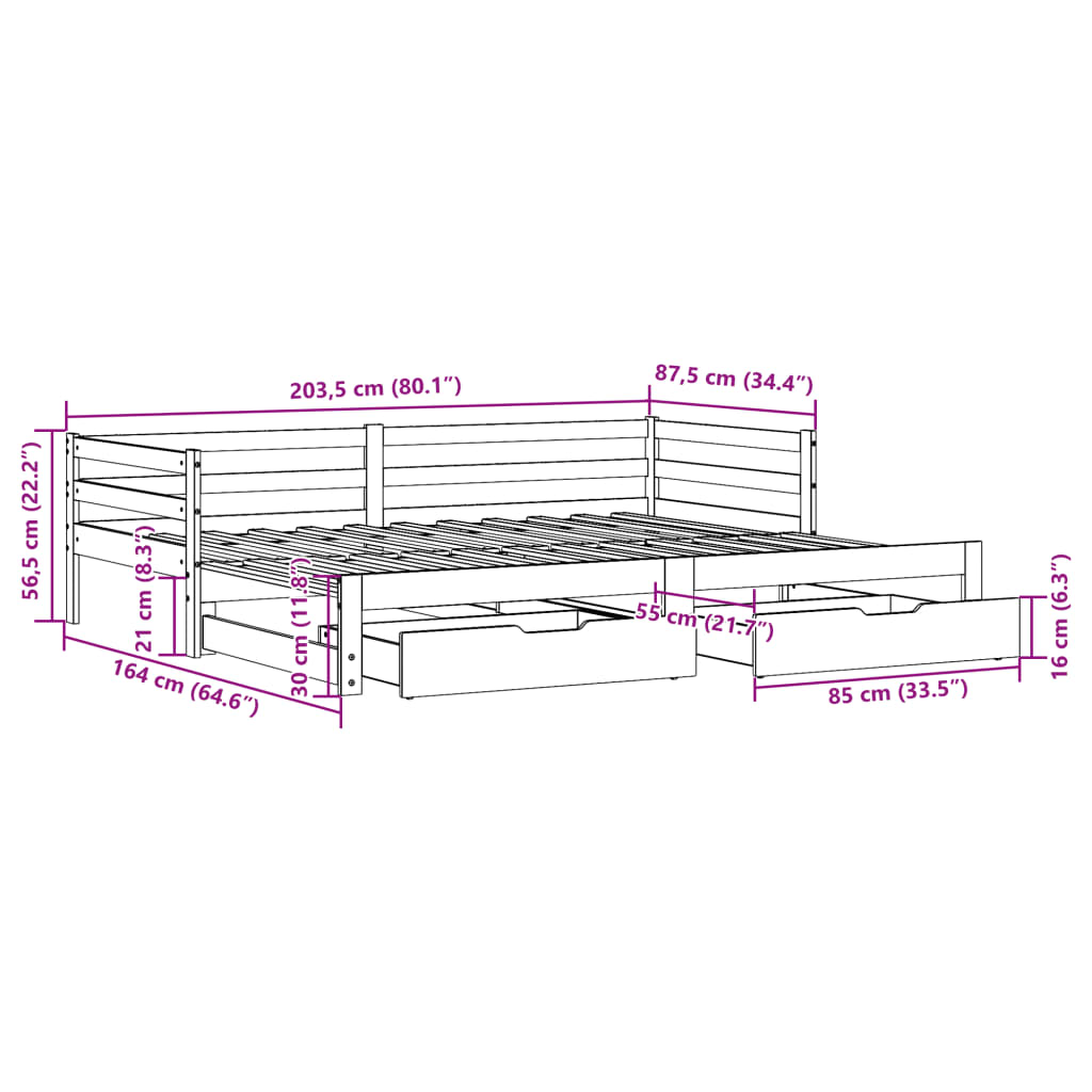 vidaXL Pat de zi cu extensie/sertare, alb, 80x200 cm, lemn masiv pin