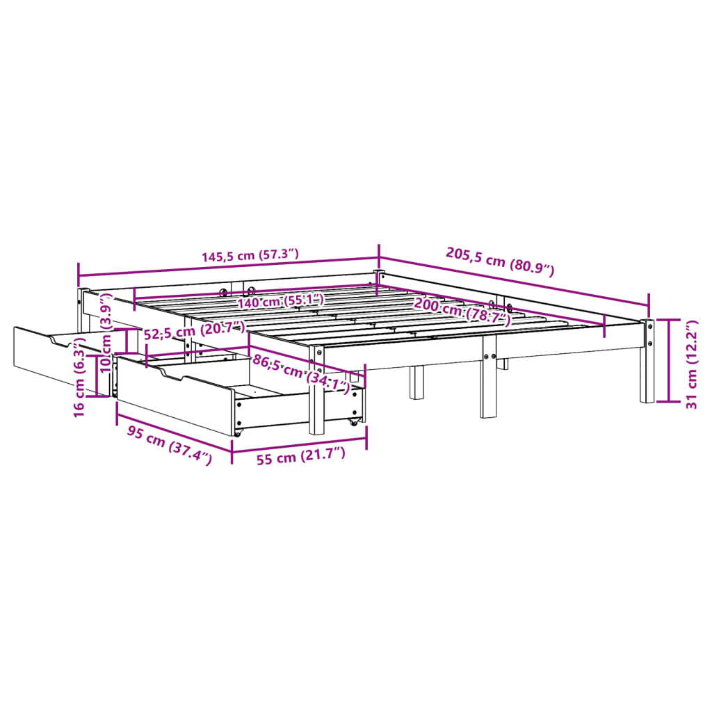 vidaXL Cadru de pat fără saltea, maro ceruit 140x200 cm lemn masiv pin