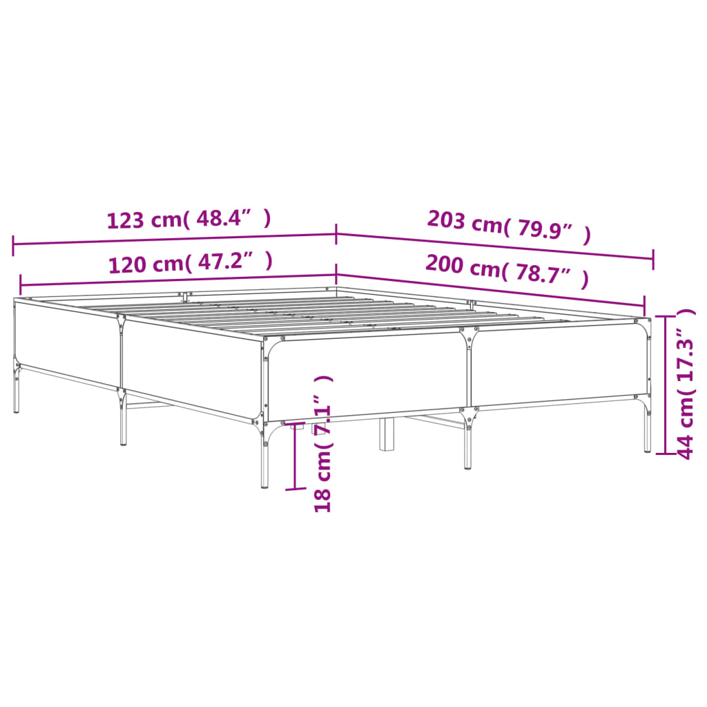 vidaXL Cadru de pat, gri sonoma, 120x200 cm, lemn prelucrat și metal