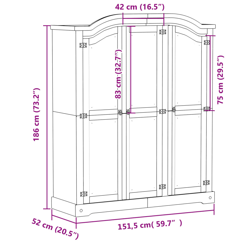 vidaXL Șifonier „Corona”, alb, 151,5x52x186 cm, lemn masiv de pin