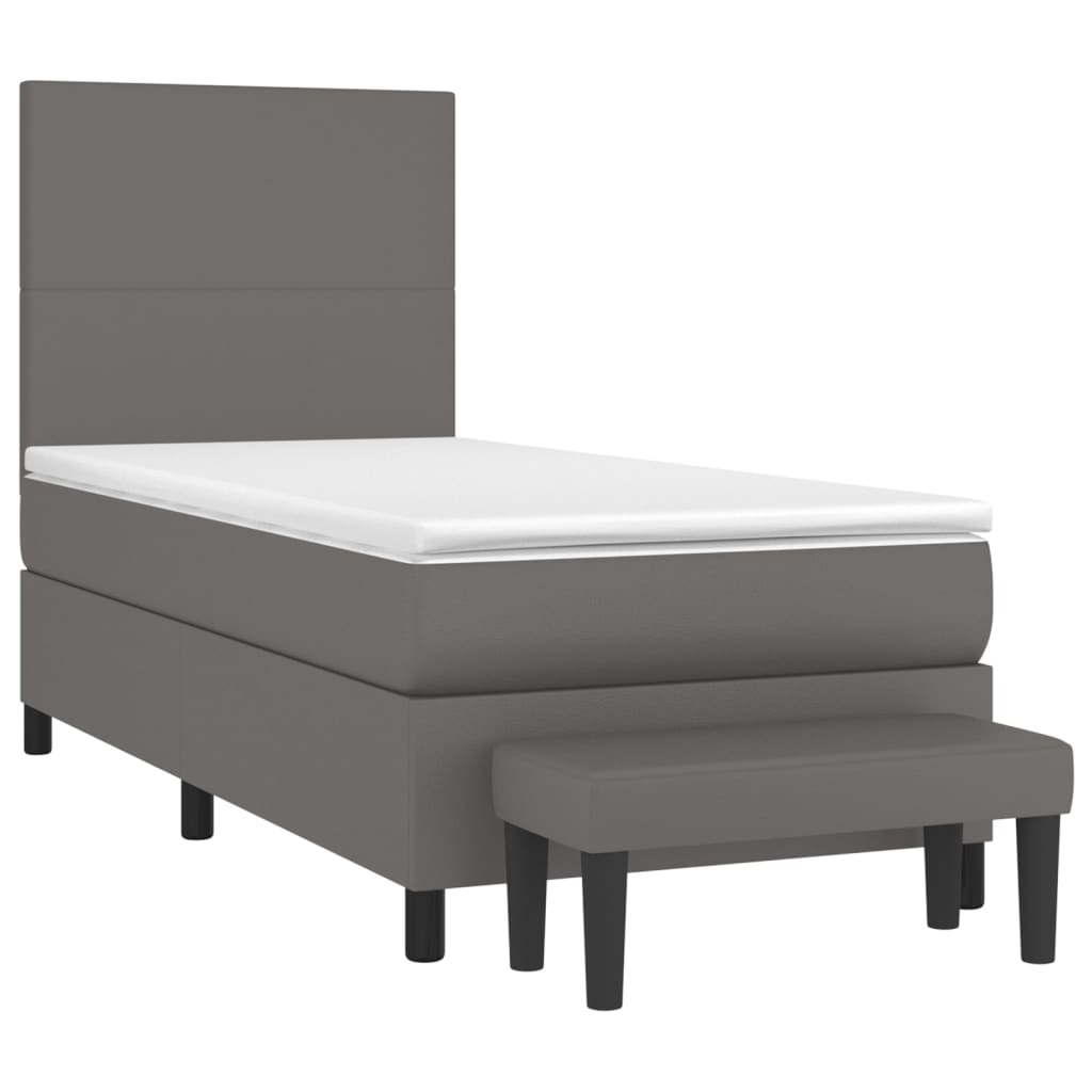 vidaXL Pat box spring cu saltea, gri, 90x190 cm, piele ecologică