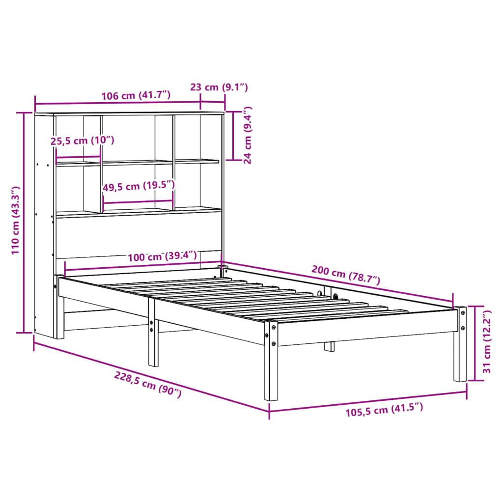 vidaXL Pat cu bibliotecă fără saltea, 100x200 cm, lemn masiv pin