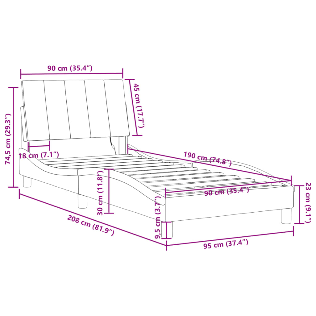 vidaXL Cadru de pat cu lumină LED, gri închis, 90x190 cm, catifea