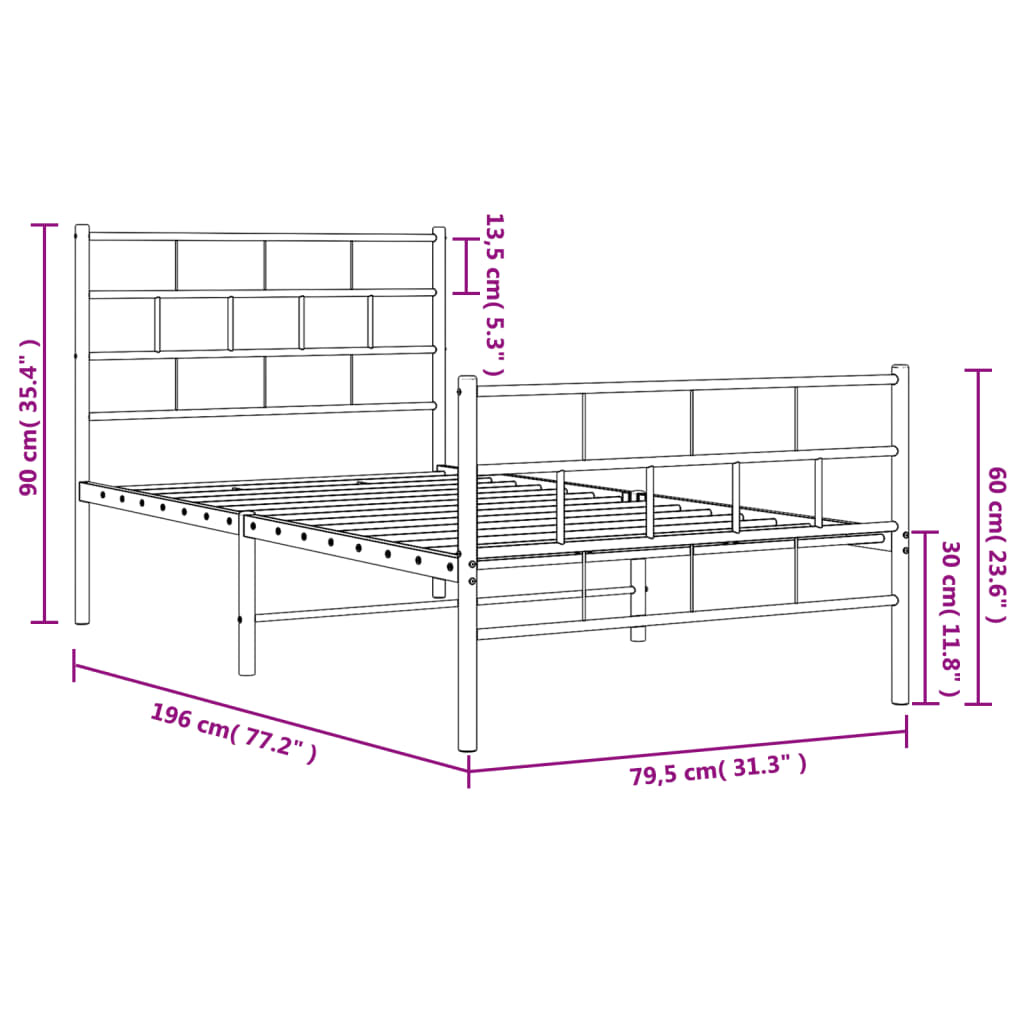 vidaXL Cadru de pat metalic cu tăblie de cap/picioare, alb, 75x190 cm