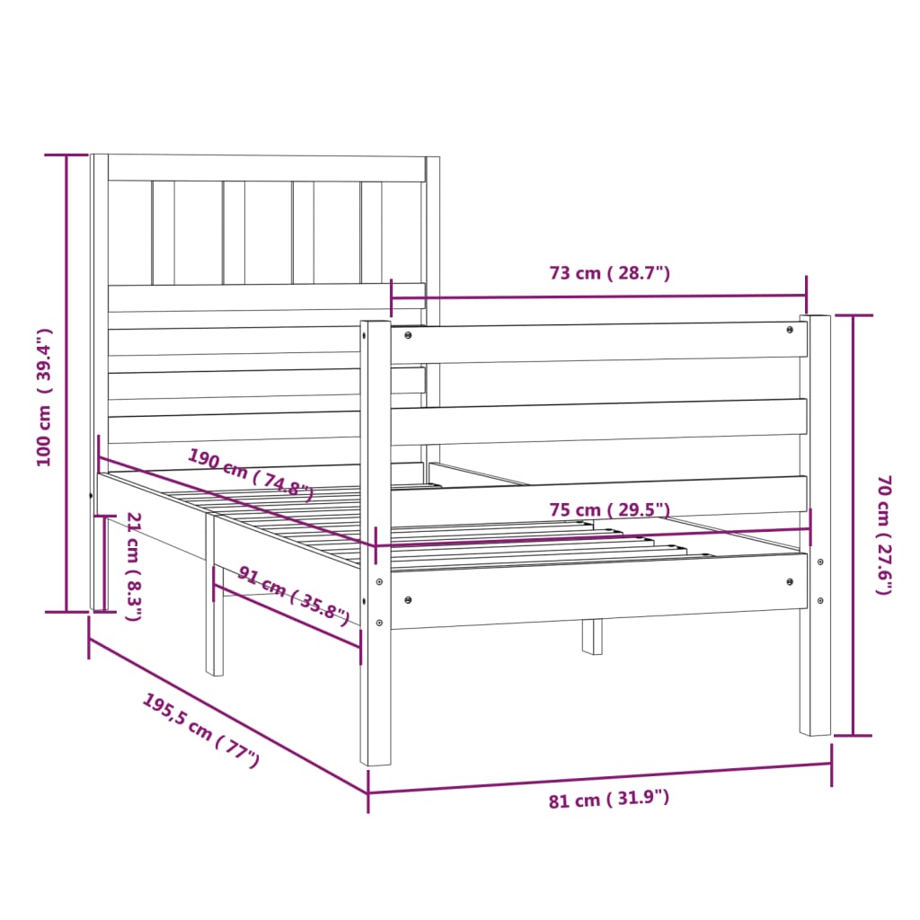 vidaXL Cadru de pat mic single, alb, 75x190 cm, lemn masiv