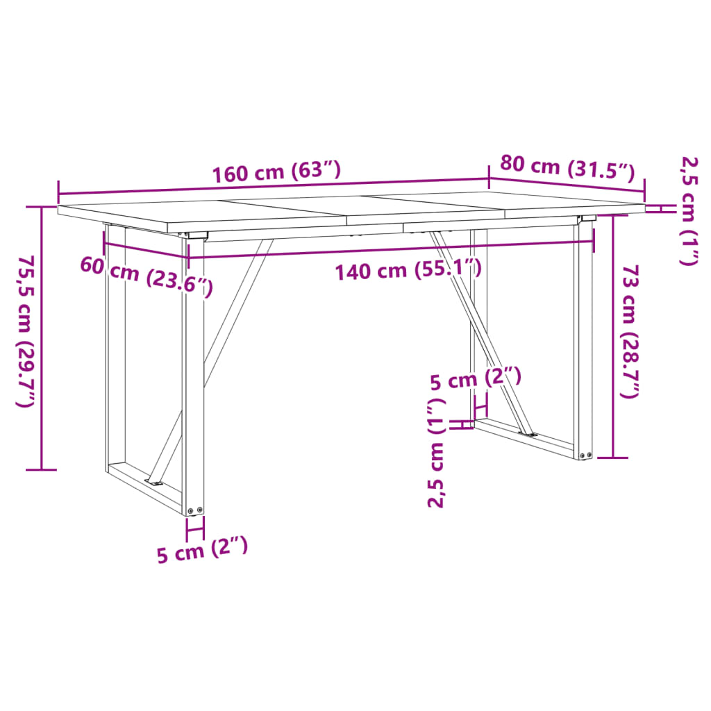 vidaXL Masă bucătărie, cadru O, 160x80x75,5 cm lemn masiv pin și fontă