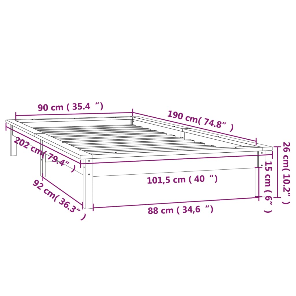 vidaXL Cadru de pat cu LED, Single, 90x190 cm, lemn masiv