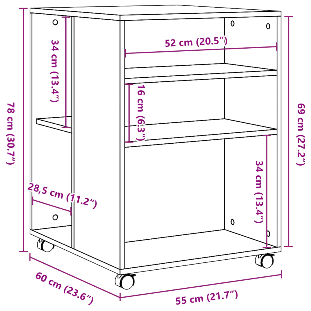 vidaXL Masă laterală cu roți stejar maro 55x60x78 cm lemn prelucrat