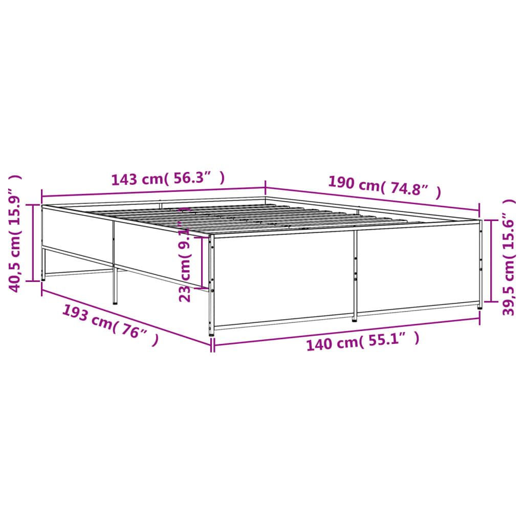 vidaXL Cadru de pat, stejar sonoma, 140x190cm, lemn prelucrat și metal