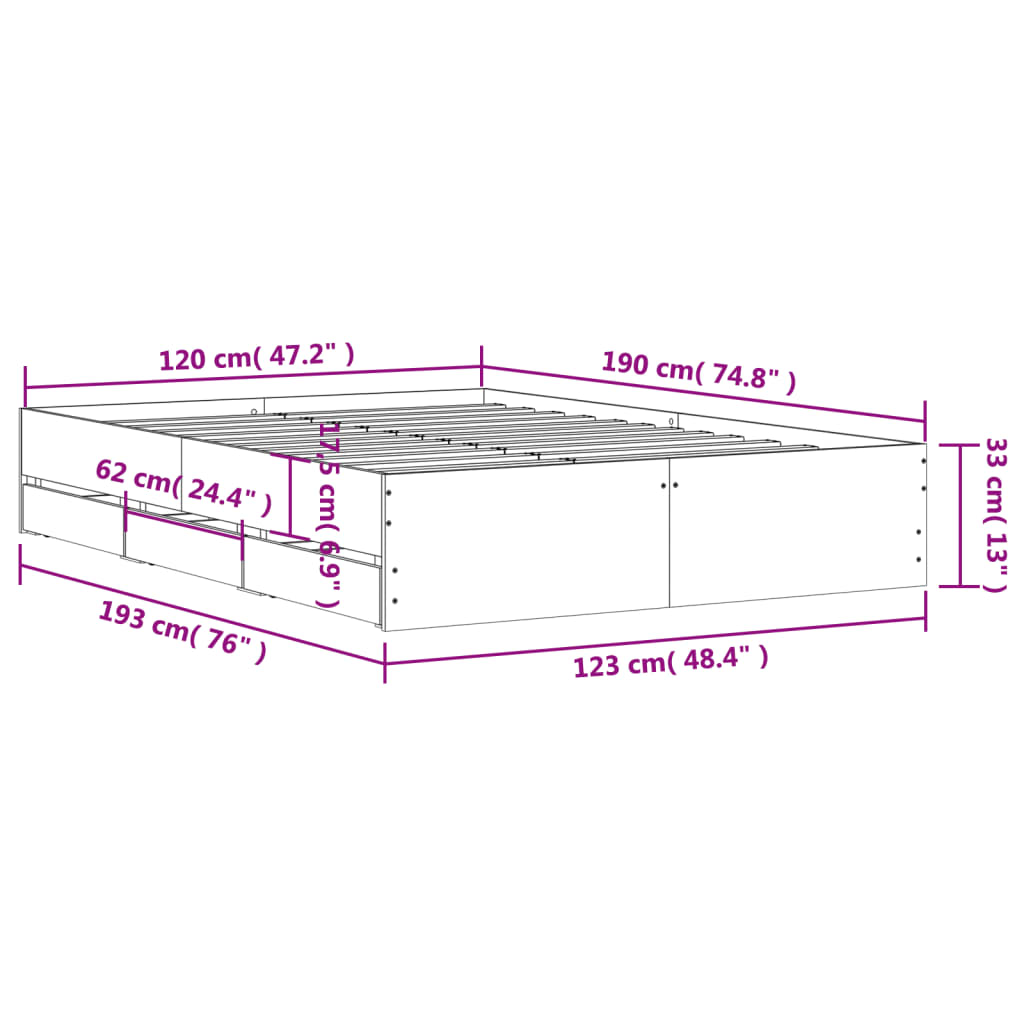 vidaXL Cadru de pat cu sertare gri sonoma 120x190 cm lemn prelucrat