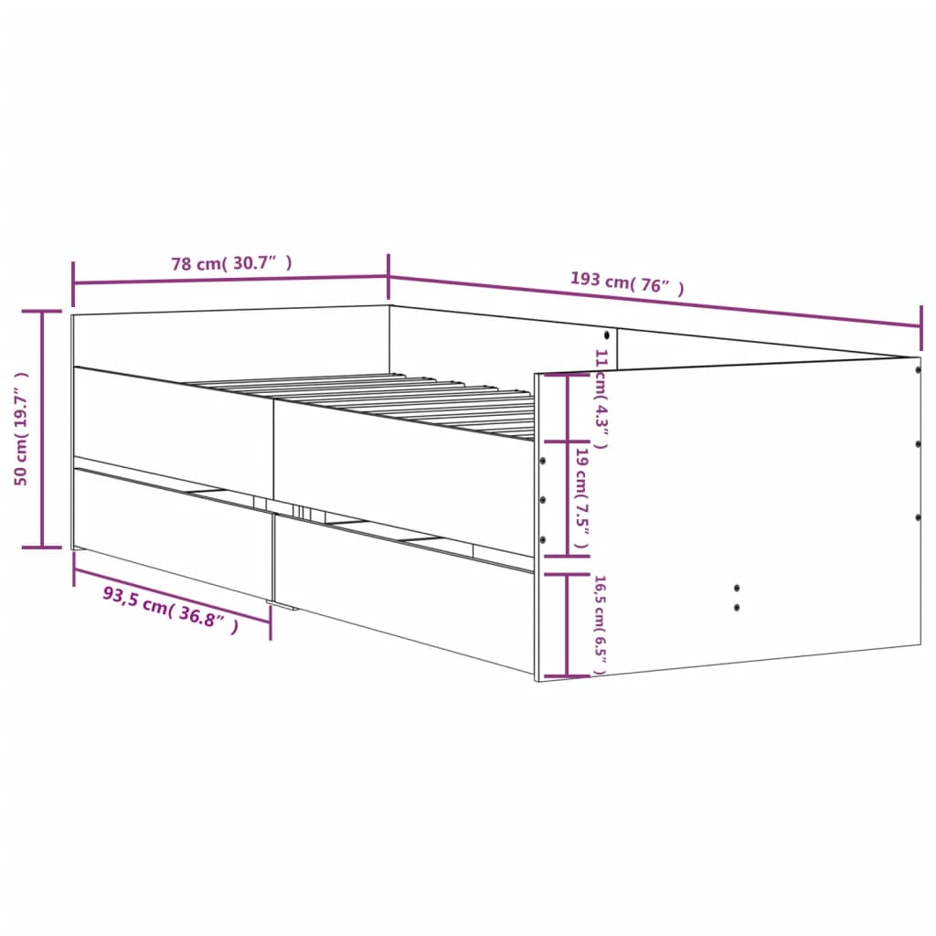 vidaXL Cadru pat cu sertare, stejar fumuriu, 75x190 cm, mic single