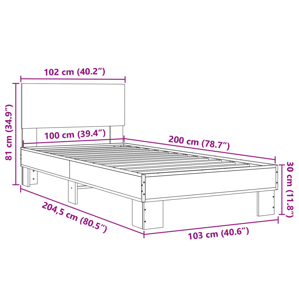 vidaXL Cadru de pat, stejar fumuriu 100x200 cm lemn prelucrat și metal