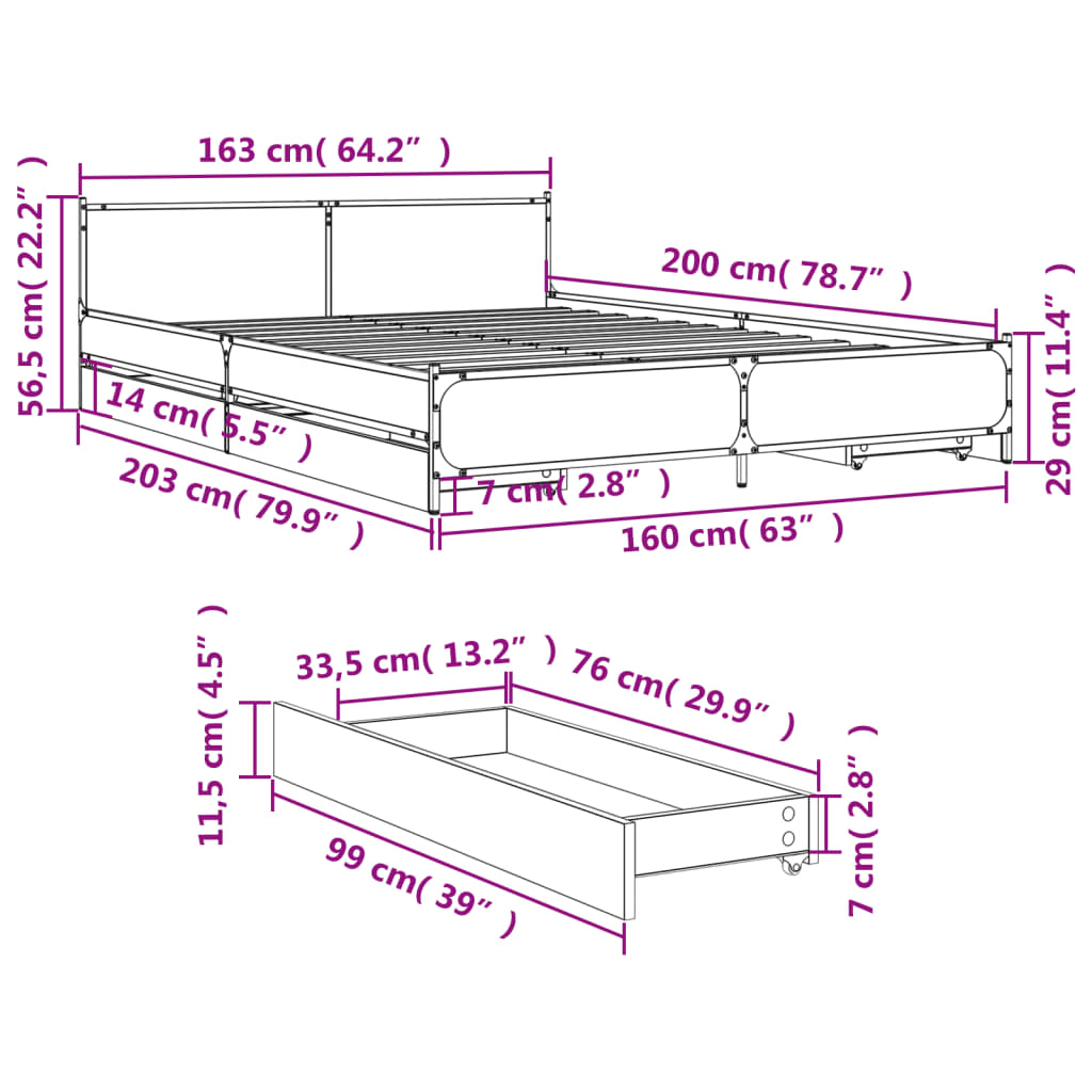 vidaXL Cadru de pat cu sertare, negru, 160x200 cm, lemn prelucrat