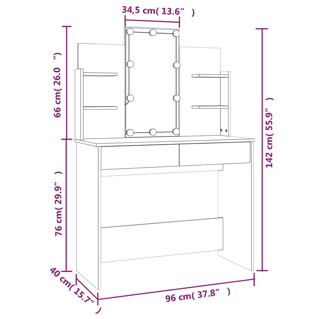 vidaXL Masă de toaletă cu LED, stejar fumuriu, 96x40x142 cm