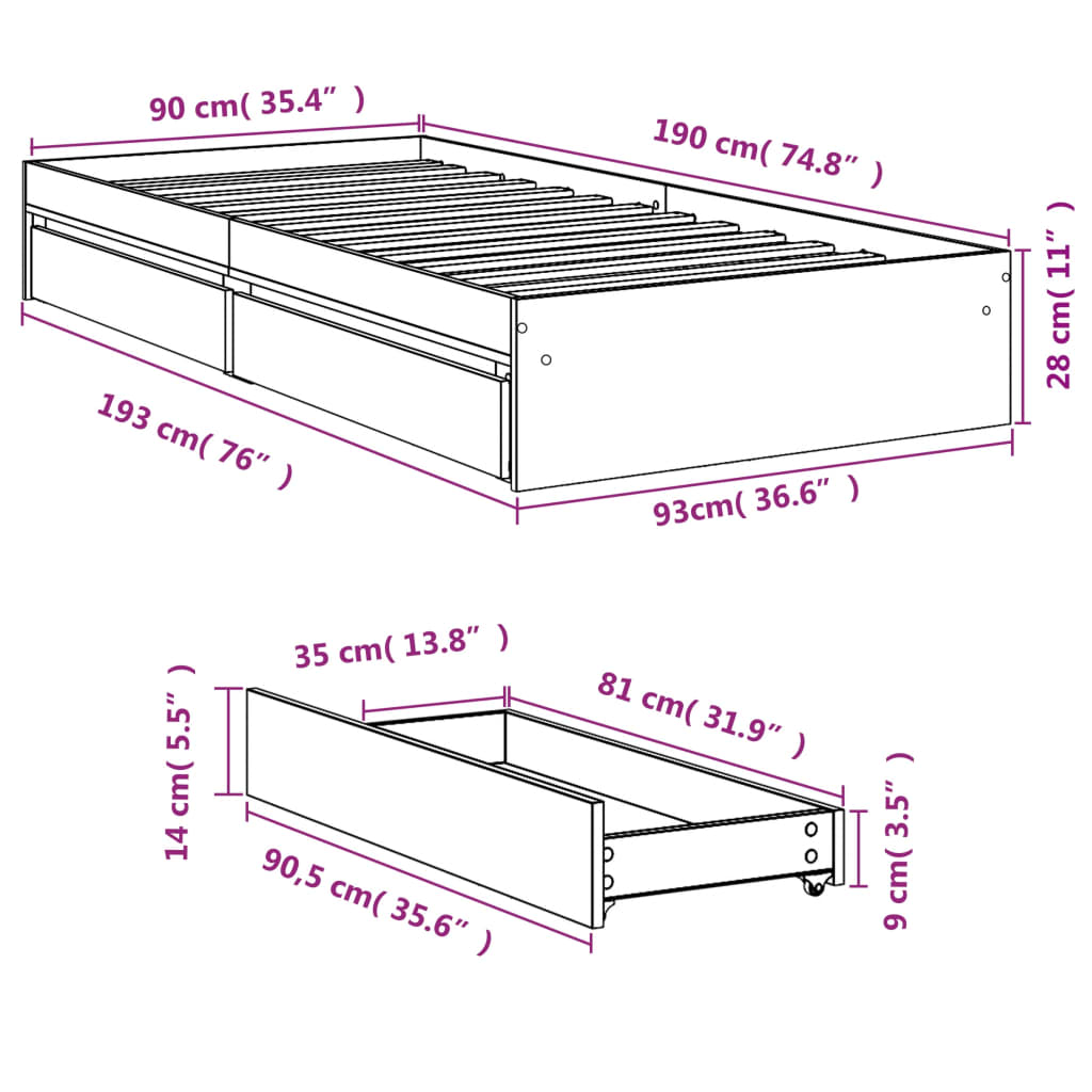 vidaXL Cadru de pat cu sertare stejar fumuriu 90x190 cm lemn prelucrat