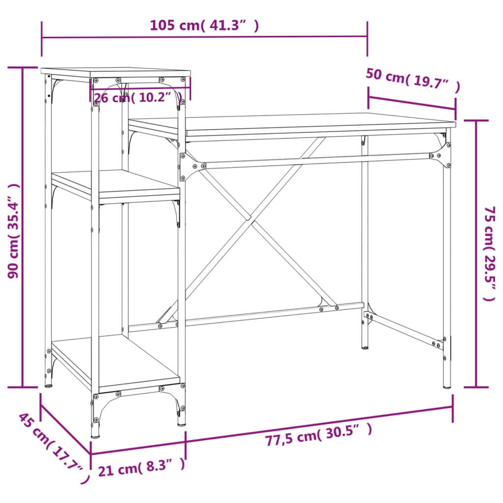 vidaXL Birou cu rafturi, stejar maro, 105x50x90 cm, lemn compozit/fier