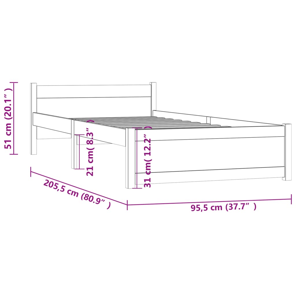 vidaXL Cadru de pat, alb, 90x200 cm, lemn masiv