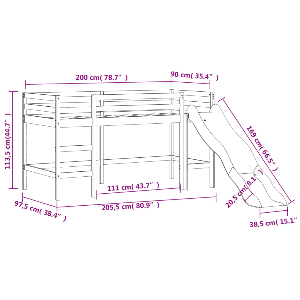 vidaXL Pat etajat de copii cu tunel albastru 90x200 cm lemn masiv pin