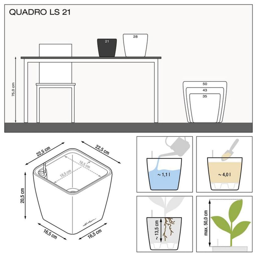 LECHUZA Jardinieră de masă „QUADRO LS 21 ALL-IN-ONE” cărbune metalic