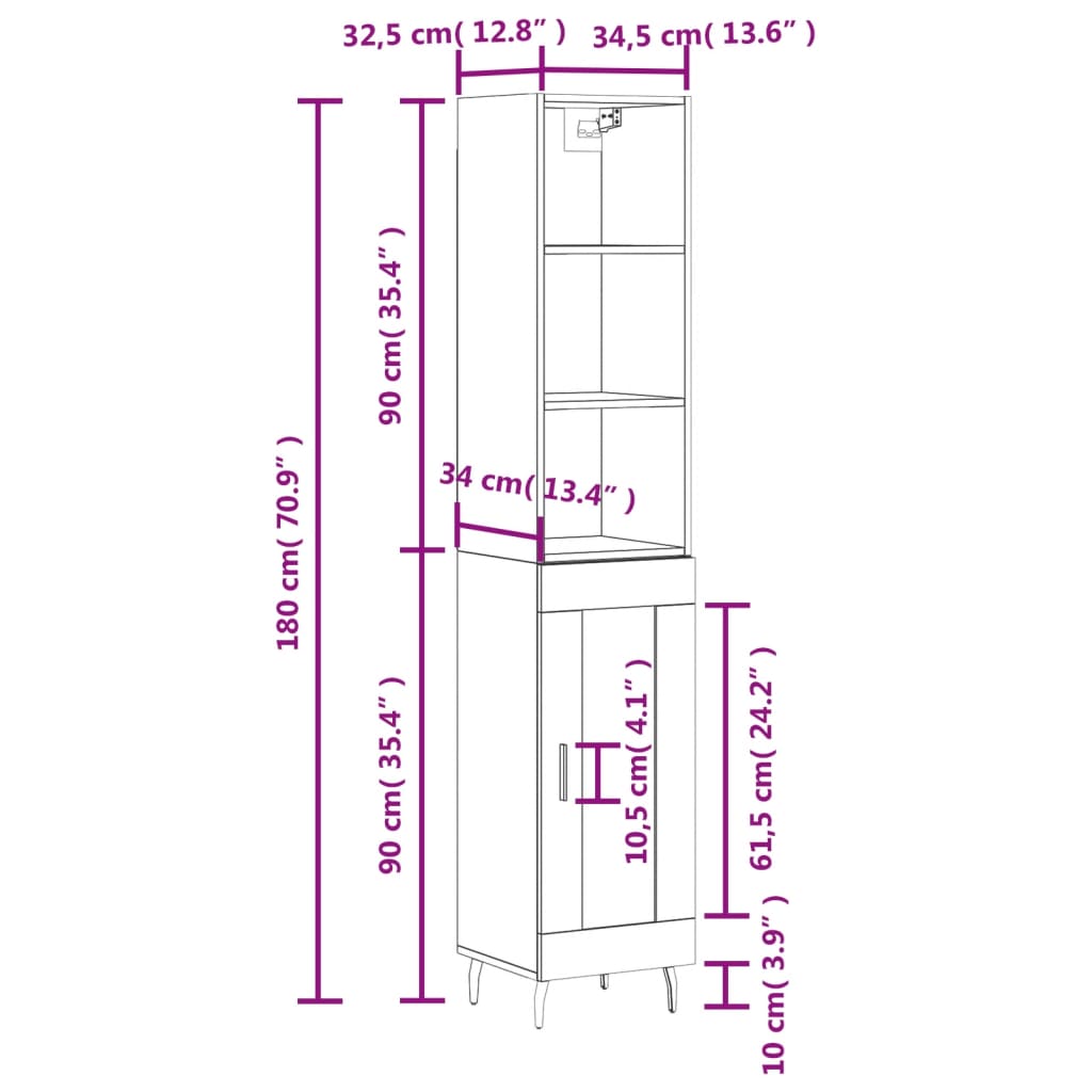 vidaXL Dulap înalt, gri sonoma, 34,5x34x180 cm, lemn prelucrat