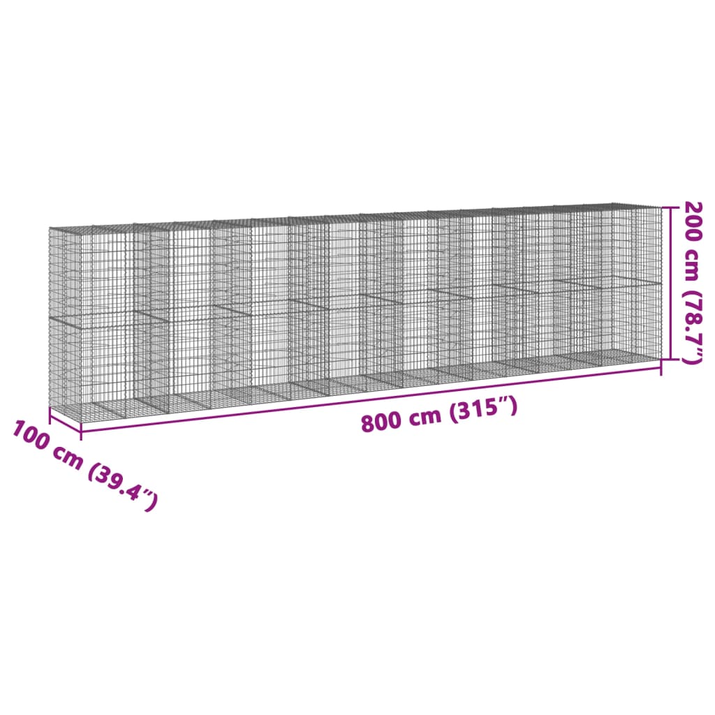 vidaXL Coș gabion cu capac, 800x100x200 cm, fier galvanizat