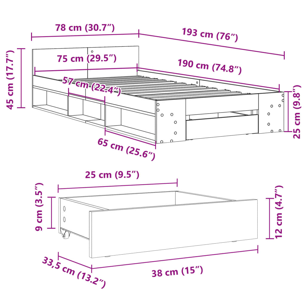 vidaXL Cadru de pat cu sertar stejar sonoma 75x190 cm lemn prelucrat