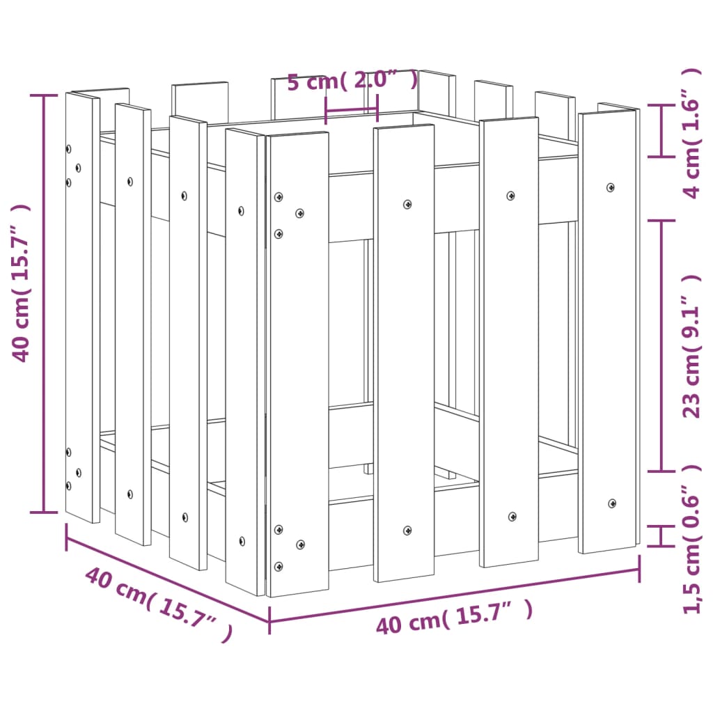 vidaXL Jardinieră grădină design gard, alb, 40x40x40 cm lemn masiv pin