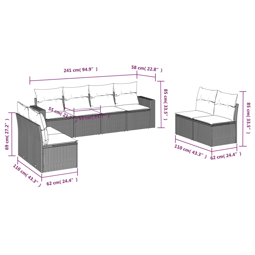 vidaXL Set mobilier de grădină cu perne, 8 piese, negru, poliratan