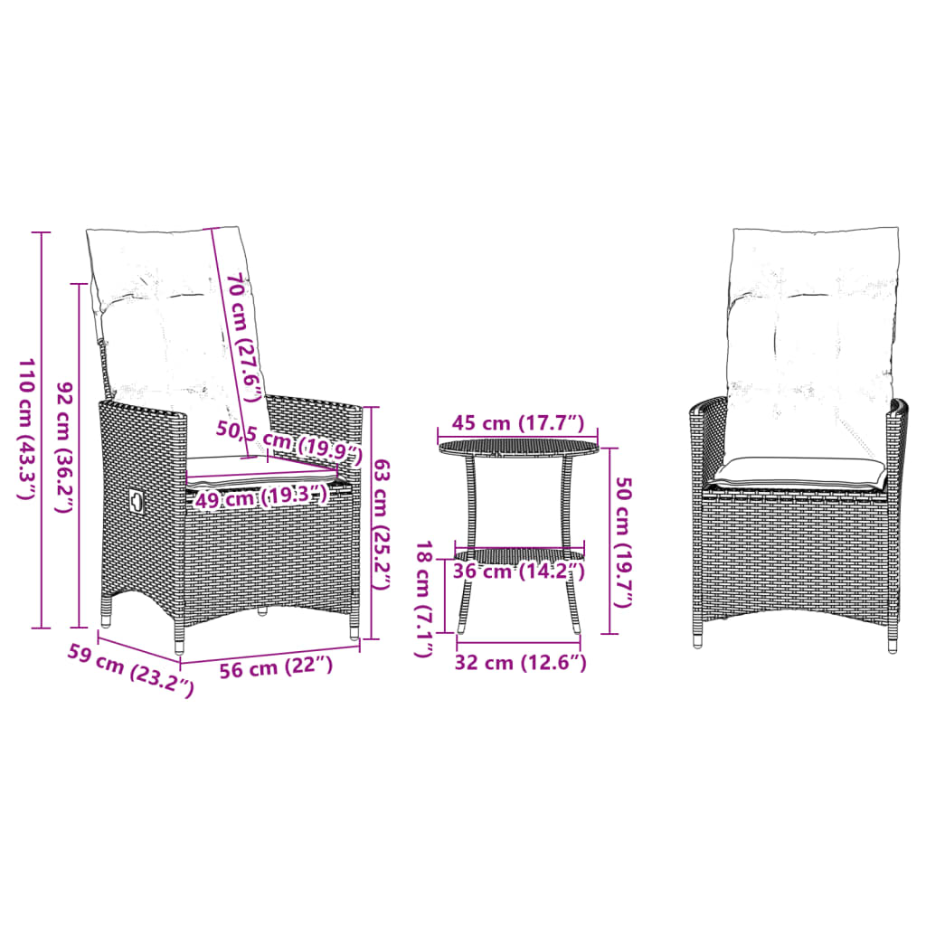 vidaXL Set bistro cu perne, 3 piese, bej, poliratan