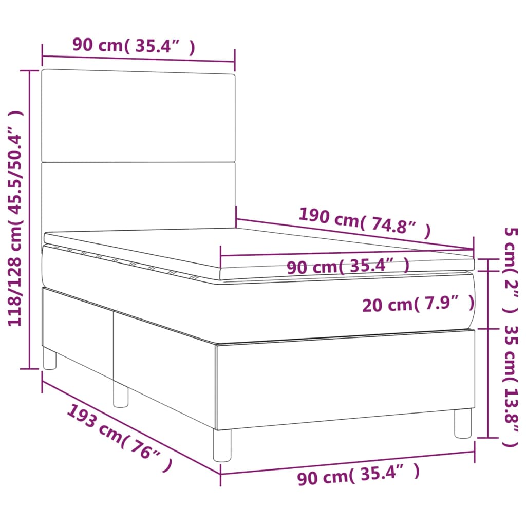 vidaXL Pat cu arcuri, saltea și LED, negru, 90x190 cm, piele ecologică