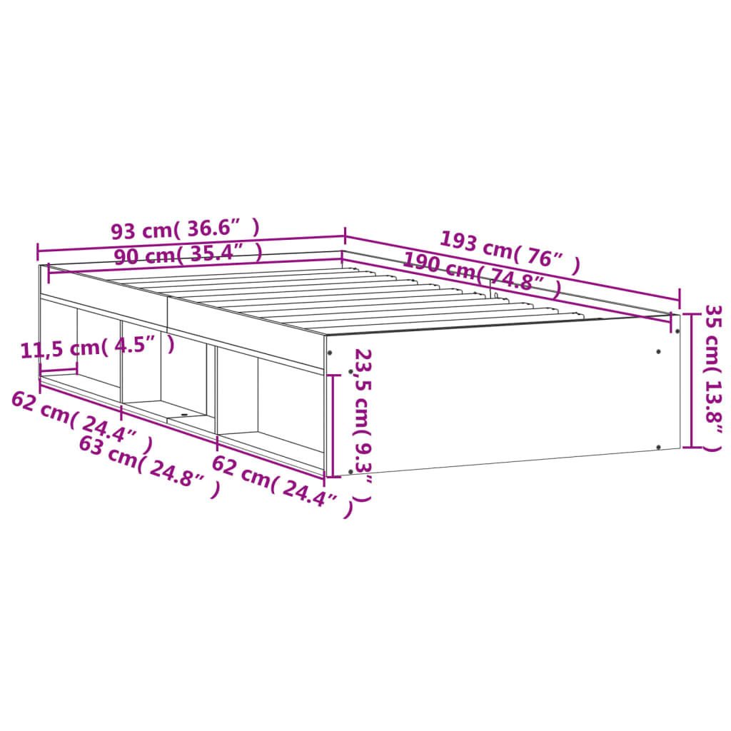 vidaXL Cadru pat, sonoma gri, 90x190 cm