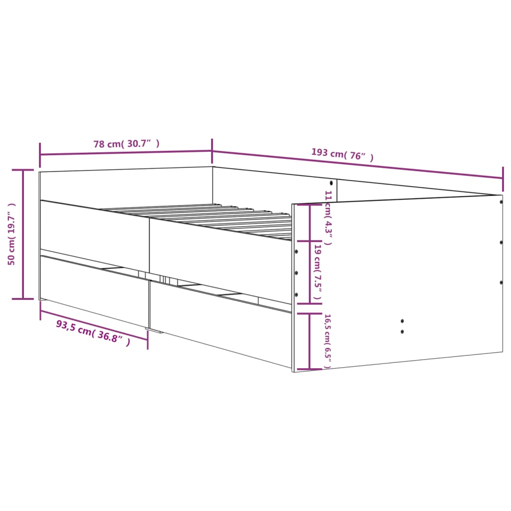 vidaXL Cadru de pat cu sertare, gri beton, 75x190 cm, mic single