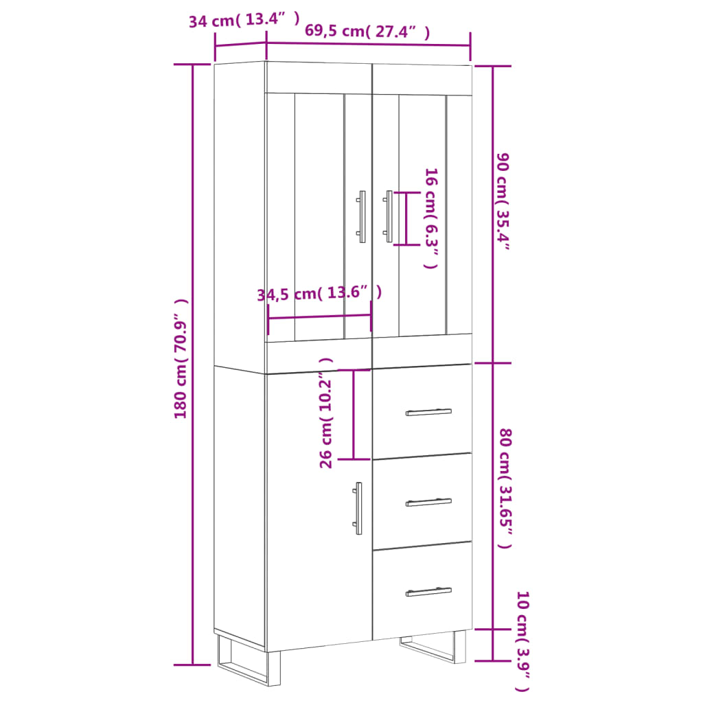 vidaXL Dulap înalt, alb, 69,5x34x180 cm, lemn compozit