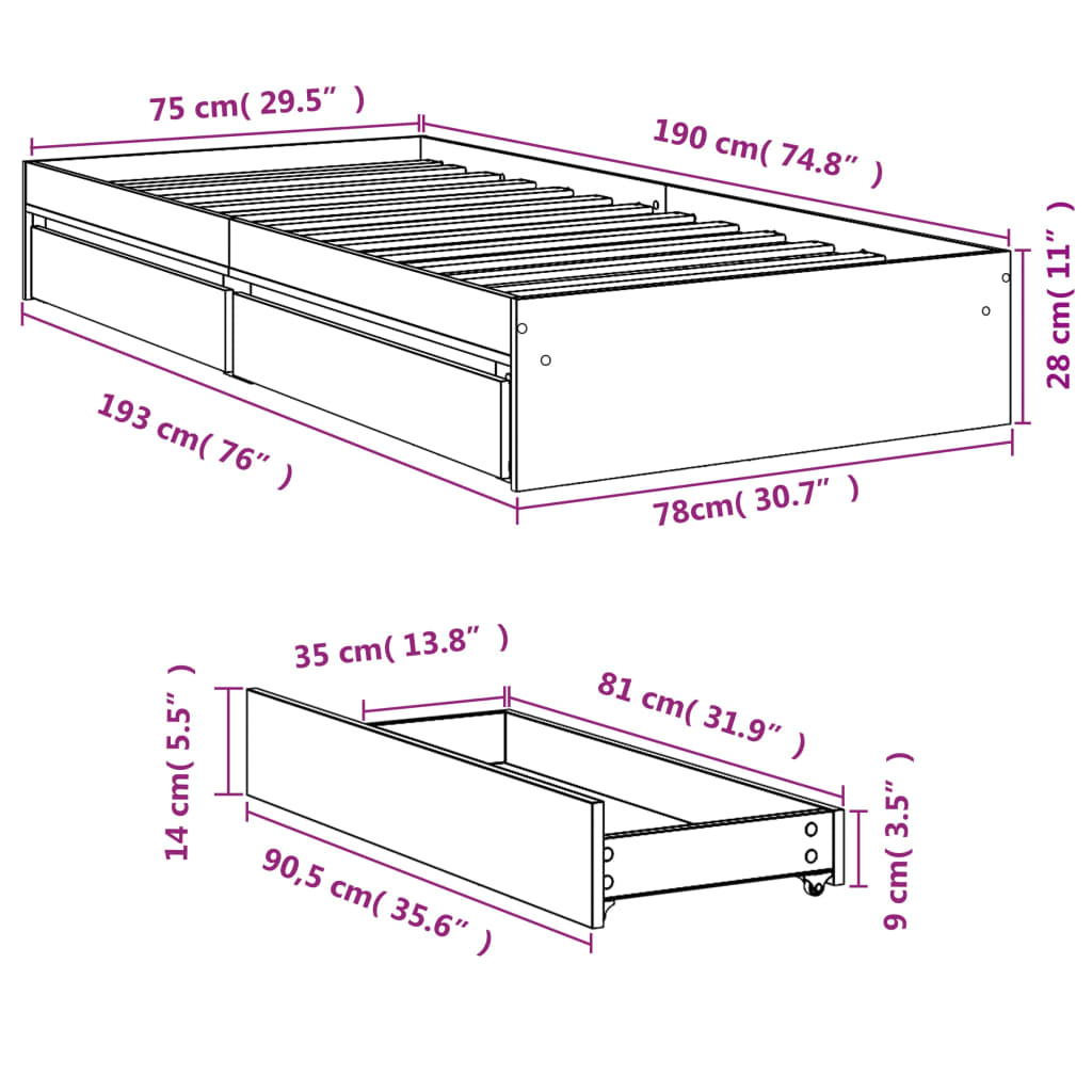 vidaXL Cadru de pat cu sertare, alb, 75x190 cm, lemn prelucrat