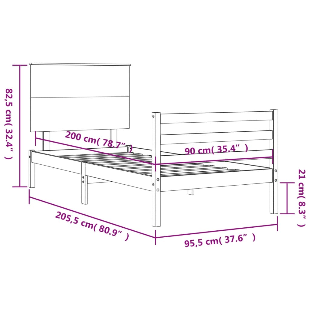 vidaXL Cadru de pat cu tăblie, alb, 90x200 cm, lemn masiv