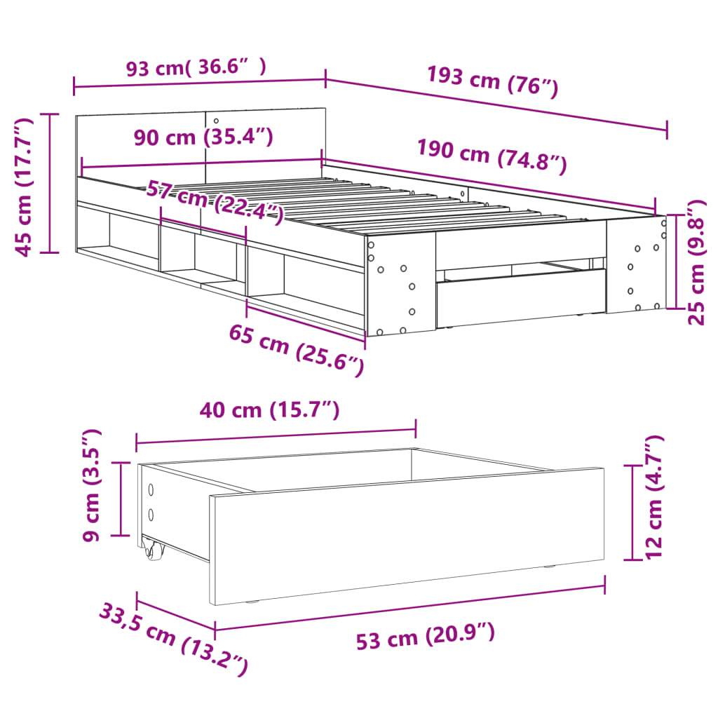 vidaXL Cadru de pat cu sertar stejar sonoma 90x190 cm lemn prelucrat