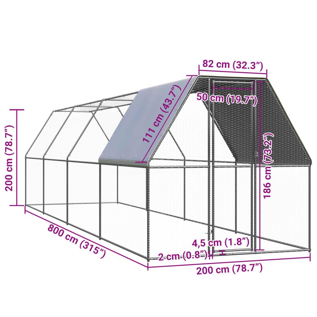 vidaXL Coteț de păsări, 2x8x2 m, oțel galvanizat