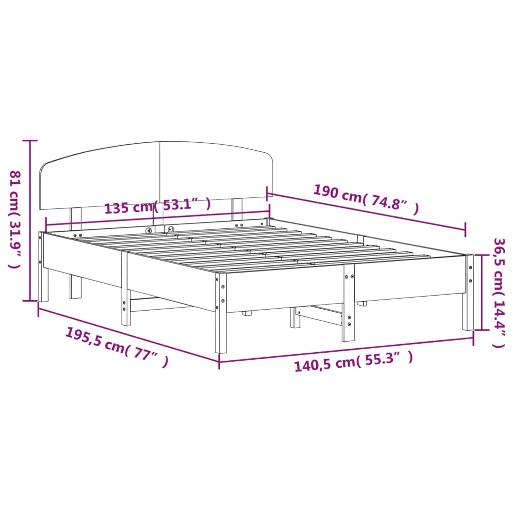 vidaXL Cadru de pat fără saltea, alb, 135x190 cm, lemn masiv de pin