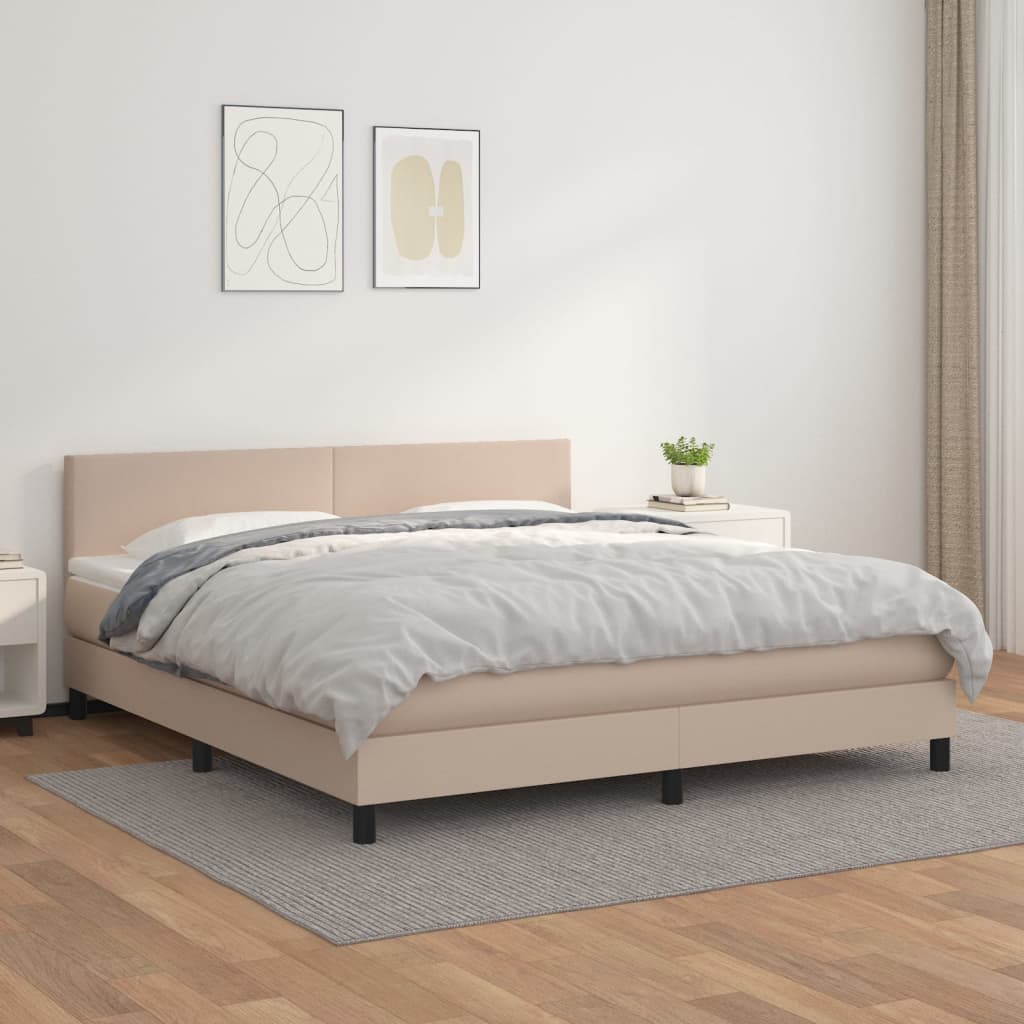 vidaXL Pat box spring cu saltea, cappuccino, 180x200cm piele ecologică