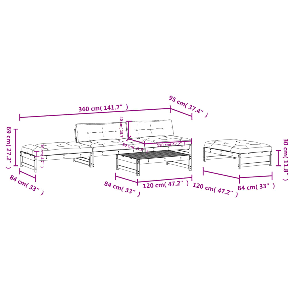 vidaXL Set mobilier de grădină cu perne, 5 piese, negru, lemn masiv