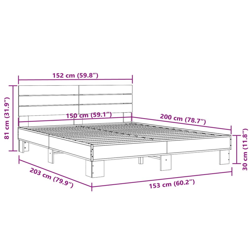 vidaXL Cadru de pat, stejar fumuriu 150x200 cm lemn prelucrat și metal