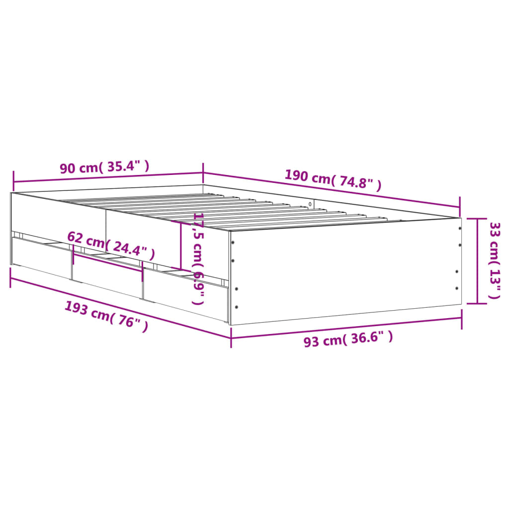 vidaXL Cadru de pat cu sertare stejar fumuriu 90x190 cm lemn prelucrat