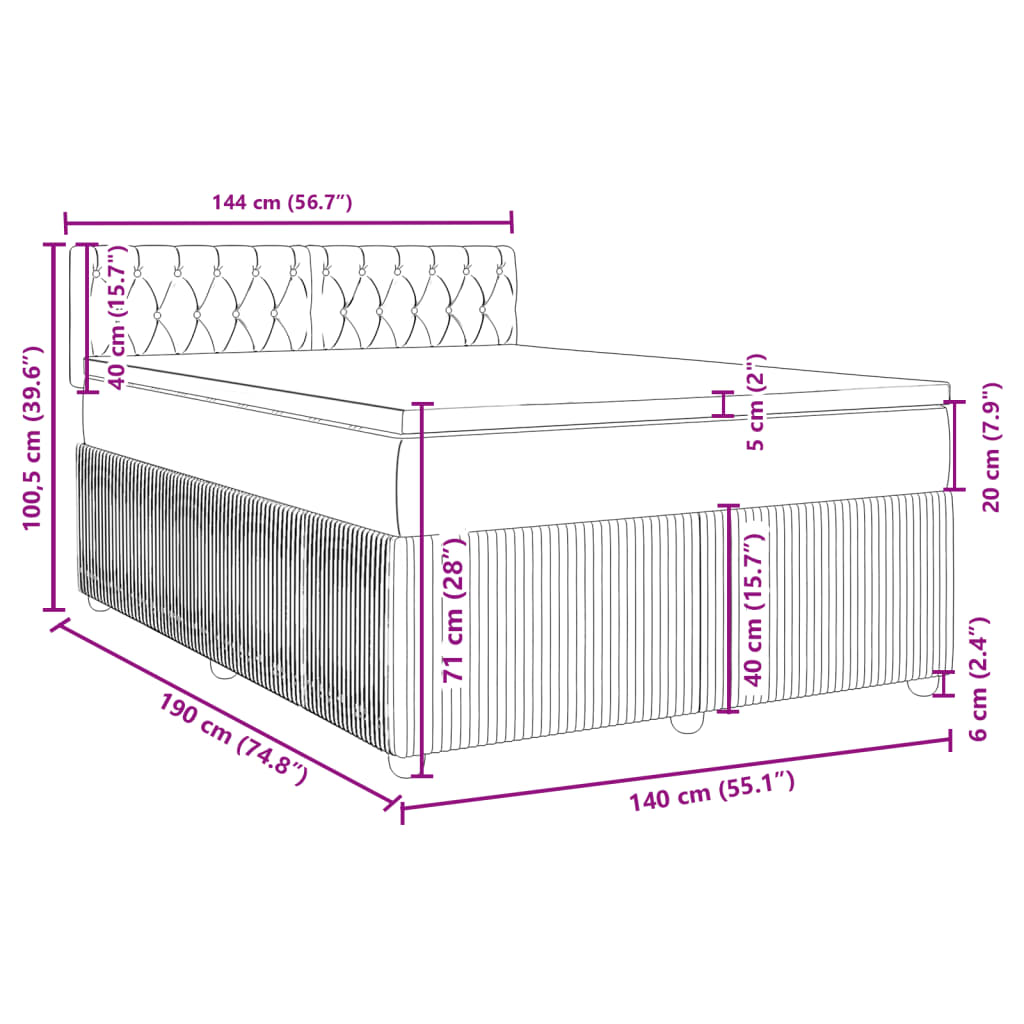 vidaXL Pat box spring cu saltea, albastru, 140x190 cm, catifea