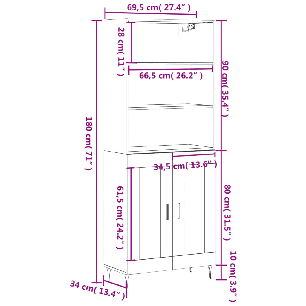 vidaXL Dulap înalt, negru, 69,5x34x180 cm, lemn compozit