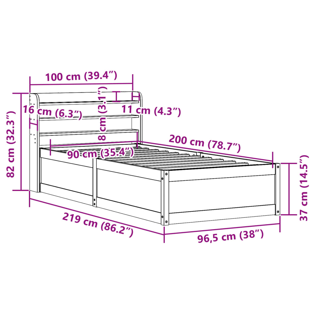 vidaXL Cadru de pat cu tăblie, alb, 90x200 cm, lemn masiv de pin