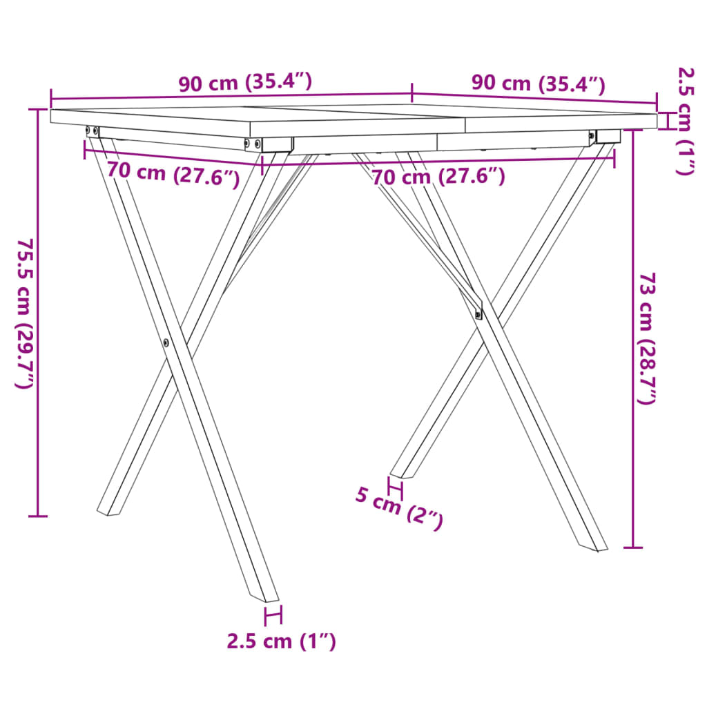 vidaXL Masă bucătărie, cadru X, 90x90x75,5 cm lemn masiv pin și fontă