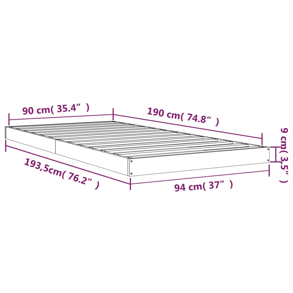 vidaXL Cadru de pat, negru, 90x190 cm, single, lemn masiv de pin