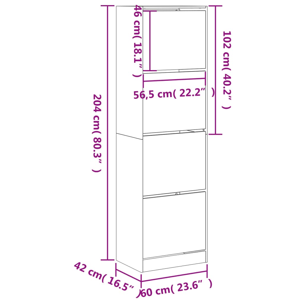 vidaXL Dulap de pantofi 4 sertare rabatabile, gri beton, 60x42x204 cm