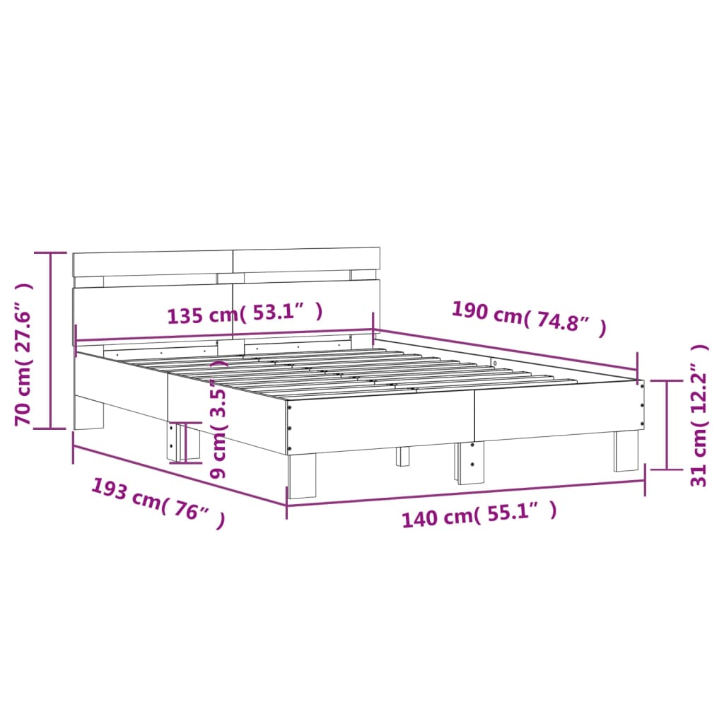 vidaXL Cadru de pat cu tăblie, alb, 135x190 cm, lemn prelucrat