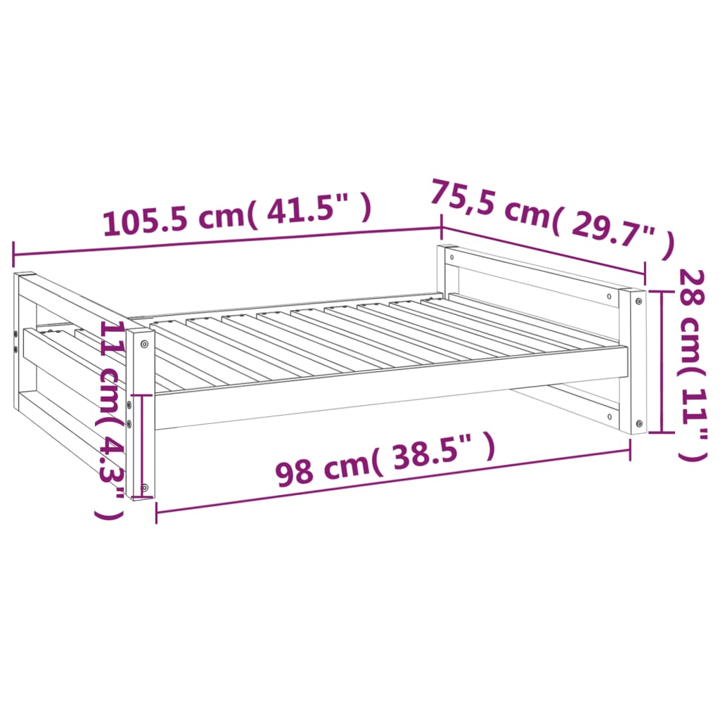 vidaXL Pat pentru câini, negru, 105,5x75,5x28 cm, lemn masiv de pin